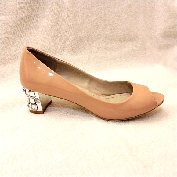 Miu Miu JEWELED HEELS Open Toe Pumps Patent Leather Tan Beige Sz 40 Wedding Prom - Picture 5 of 16